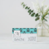 Elegant Monogram Blue en Black Damask Print Visitekaartje (Staand voorkant)