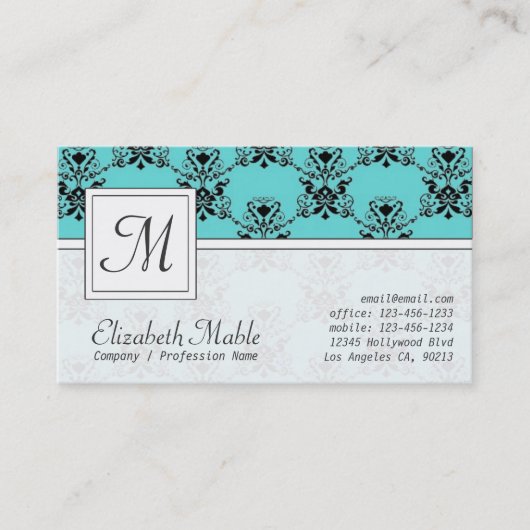 Elegant Monogram Blue en Black Damask Print Visitekaartje (Voorkant)