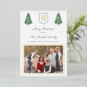 Elegant Monogram Blue en Green Merry Kerstmis Folie Feestdagenkaart (Staand Voorkant)