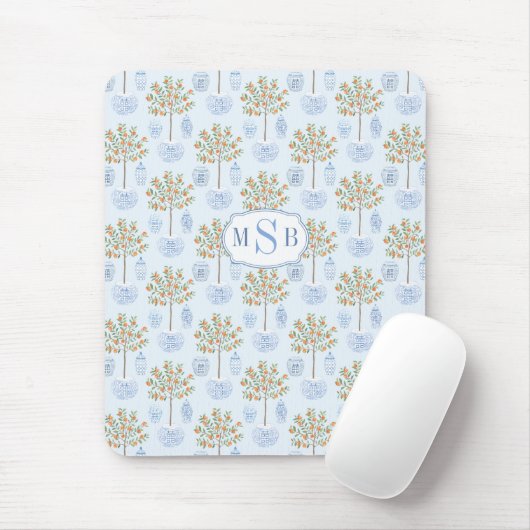 Elegant Monogram Blue en White China Oranje Tree Muismat (Met muis)