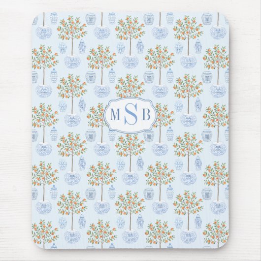 Elegant Monogram Blue en White China Oranje Tree Muismat (Voorkant)
