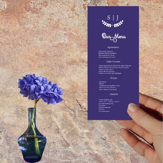 Elegant Monogram Blue Jewel Tone Dinner Menu