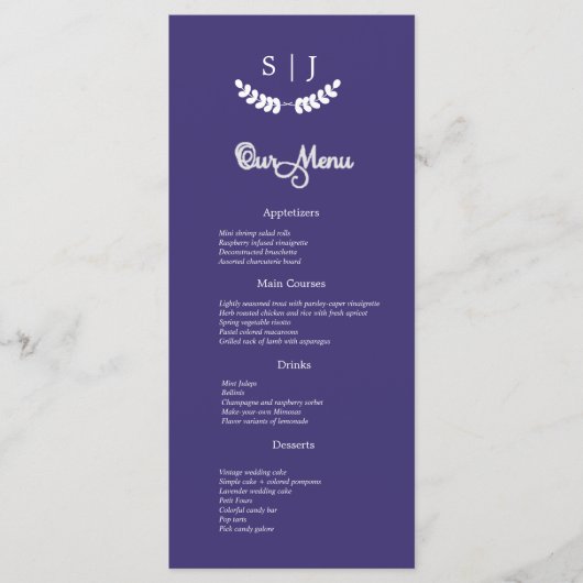Elegant Monogram Blue Jewel Tone Dinner Menu (Voorkant)