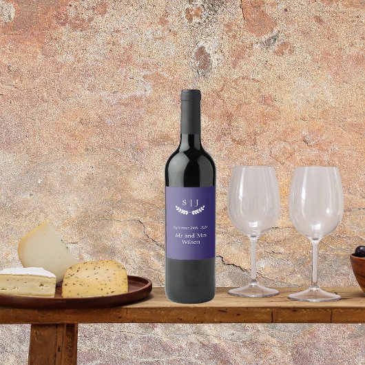 Elegant Monogram Blue Jewel Tone Wijn Etiket