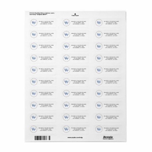 Elegant Monogram Blue Return Address Label (Full Sheet)
