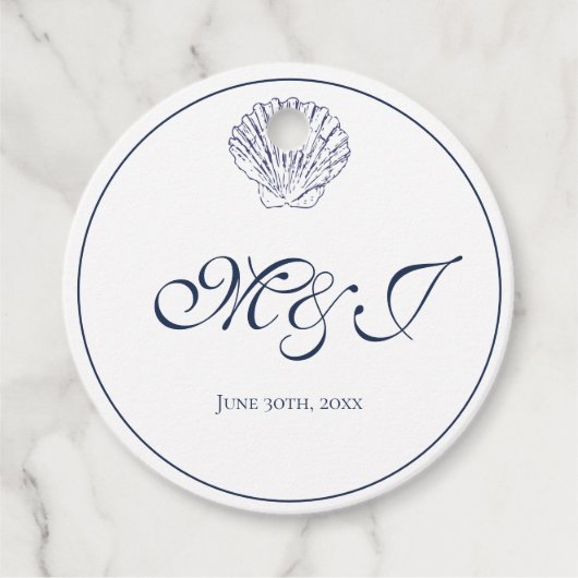 Elegant Monogram Blue Shell bruiloft Bedankjes Labels (Voorkant)