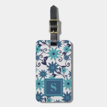 Elegant Monogram Blue Turquoise Flower Pattern
