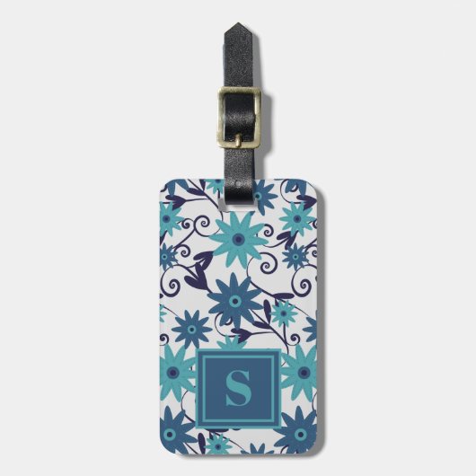 Elegant Monogram Blue Turquoise Flower Pattern Bagagelabel (Voorkant verticaal)
