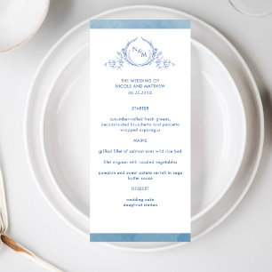 Elegant Monogram Blue Waterverf, bruiloft Menu