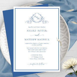 Elegant Monogram Blue Wedding Kaart