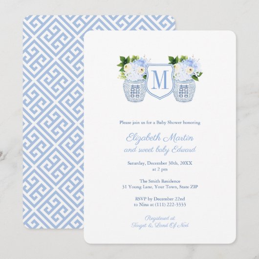 Elegant Monogram Blue White Boy Baby shower Party Kaart (Voorkant / Achterkant)