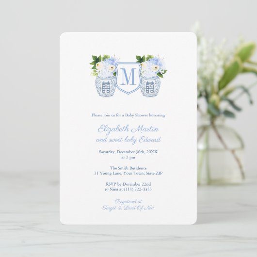 Elegant Monogram Blue White Boy Baby shower Party Kaart (Staand voorkant)