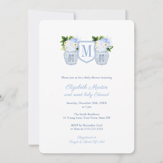 Elegant Monogram Blue White Boy Baby shower Party Kaart (Voorkant)
