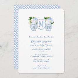 Elegant Monogram Blue White Boy Baby shower Party Kaart