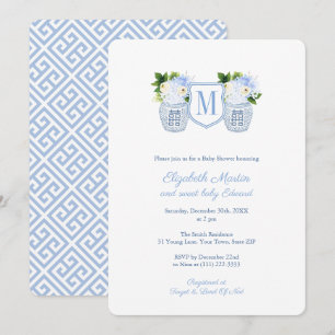 Elegant Monogram Blue White Boy Baby shower Party Kaart
