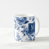 Elegant Monogram Blue White Floral Rose Koffiemok (Voorkant rechts)