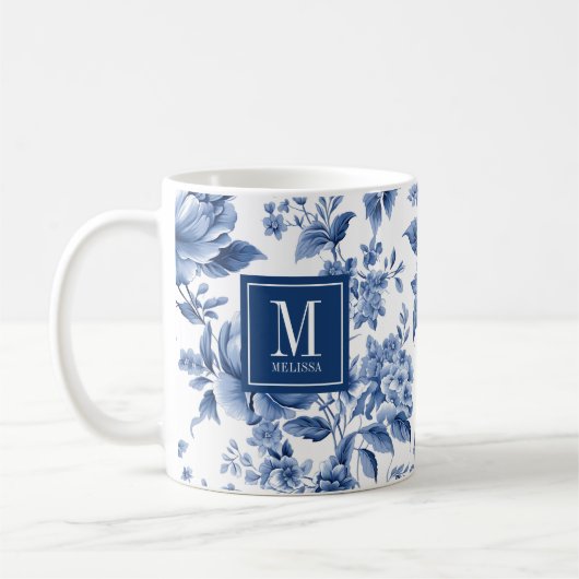 Elegant Monogram Blue White Floral Rose Koffiemok (Links)