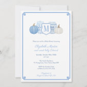 Elegant Monogram Blue & White Pumpkins Baby shower Kaart (Voorkant)