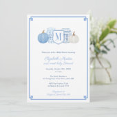 Elegant Monogram Blue & White Pumpkins Baby shower Kaart (Staand voorkant)