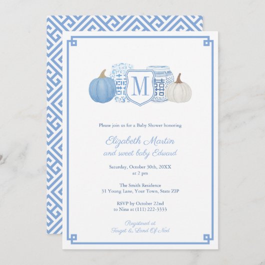 Elegant Monogram Blue & White Pumpkins Baby shower Kaart (Voorkant / Achterkant)