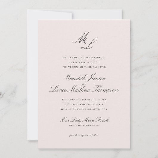 Elegant Monogram Blush Floral Script Weddenschap Kaart (Voorkant)