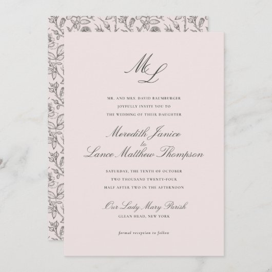 Elegant Monogram Blush Floral Script Weddenschap Kaart (Voorkant / Achterkant)