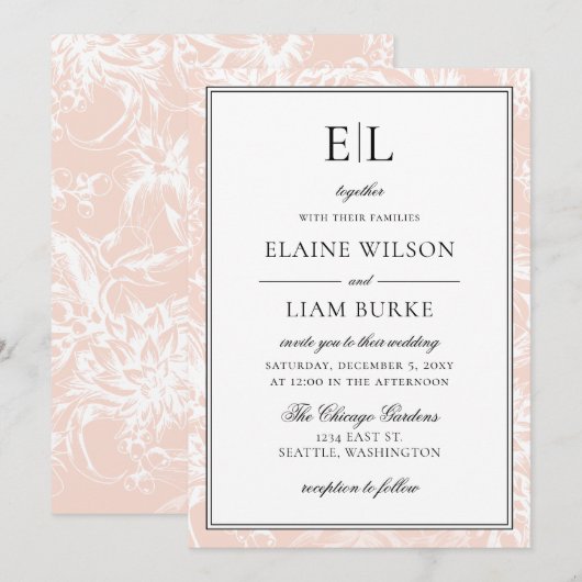 Elegant Monogram Blush Floral Wedding Kaart (Voorkant / Achterkant)