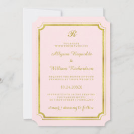 Elegant Monogram Blush Pink and Faux Gold Wedding Kaart