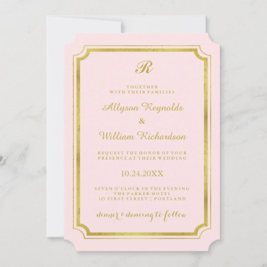 Elegant Monogram Blush Pink and Faux Gold Wedding Kaart (Voorkant)