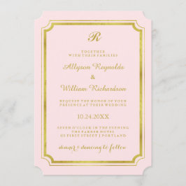 Elegant Monogram Blush Pink and Faux Gold Wedding Kaart