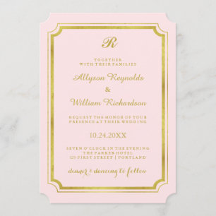 Elegant Monogram Blush Pink and Faux Gold Wedding Kaart