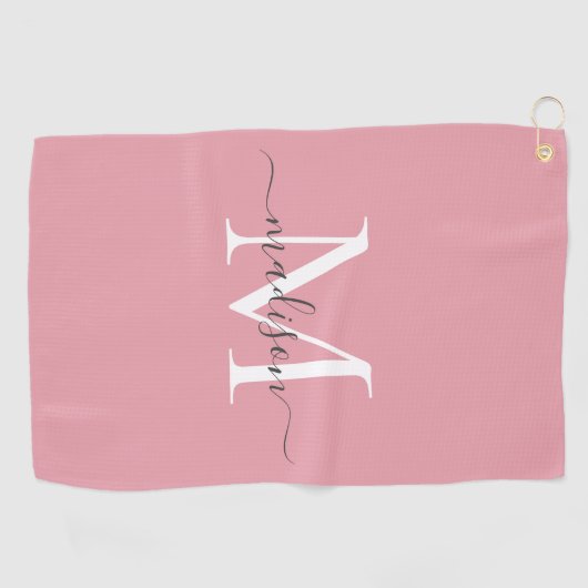 Elegant Monogram Blush Roze Grijs Girly Script Naa Golfhanddoek (Horizontaal)
