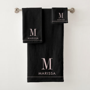 Elegant Monogram Blush Roze Naam Zwart Bad Handdoek