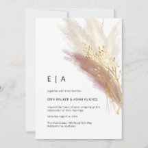 Elegant Monogram Boho Roze Goud Pampas Gras Invit