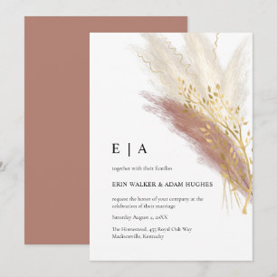 Elegant Monogram Boho Roze Goud Pampas Gras Invit Kaart