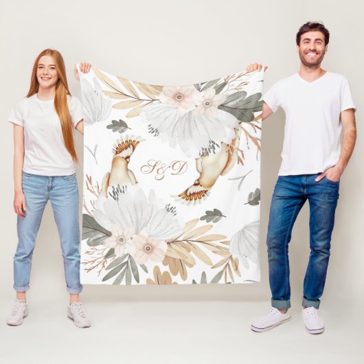 Elegant Monogram Boho Waterverf bloemen & vogels Fleece Deken (In situ)