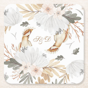 Elegant Monogram Boho Waterverf bloemen & vogels Kartonnen Onderzetters