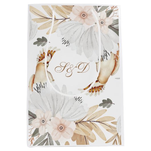 Elegant Monogram Boho Waterverf bloemen & vogels Medium Cadeauzakje (Voorkant)