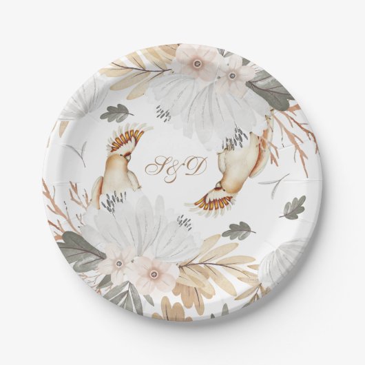 Elegant Monogram Boho Waterverf bloemen & vogels Papieren Bordje (Voorkant)
