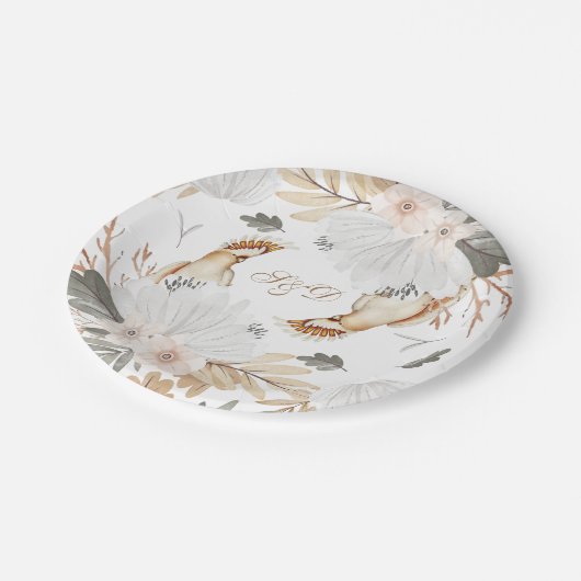Elegant Monogram Boho Waterverf bloemen & vogels Papieren Bordje (Gekanteld)