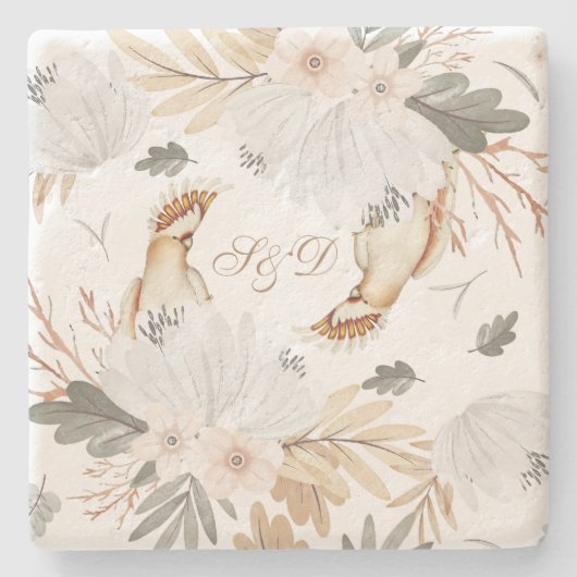 Elegant Monogram Boho Waterverf bloemen & vogels Stenen Onderzetter (Voorkant)