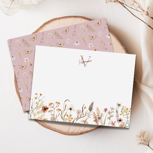 Elegant Monogram Boho Waterverf Wildflower Bloemen Notitiekaartje