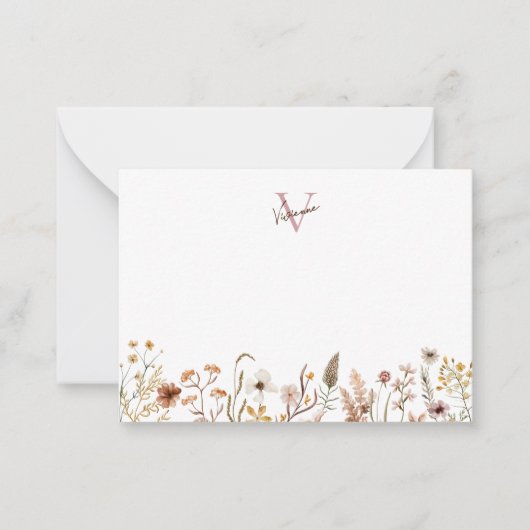 Elegant Monogram Boho Waterverf Wildflower Bloemen Notitiekaartje (Voorkant)