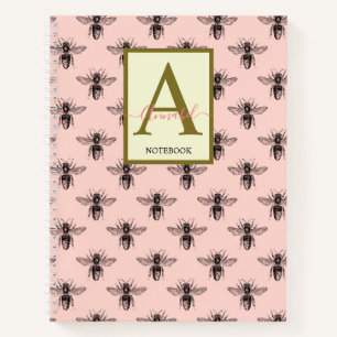 Elegant monogram Bord roze bijen patroon Notitieboek
