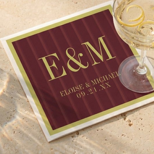Elegant Monogram Bordeaux Streep Patroon Trouwdag Servet