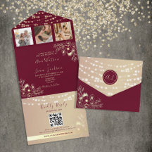 Elegant Monogram Bordeauxrood en Goud Bruiloft