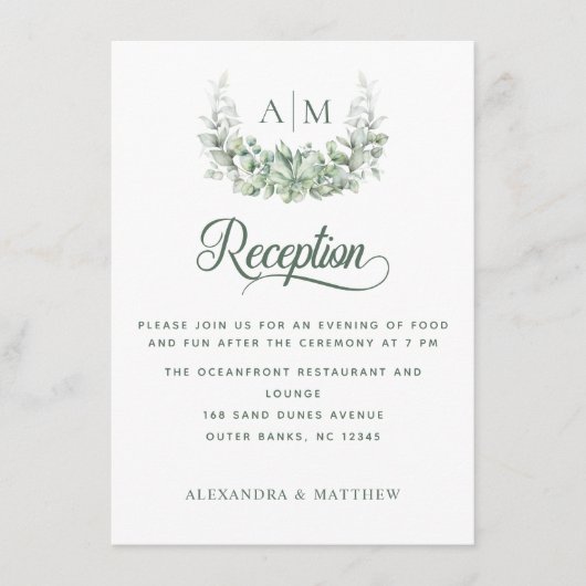 Elegant Monogram Botanical Wedding Reception Informatiekaartje (Voorkant)