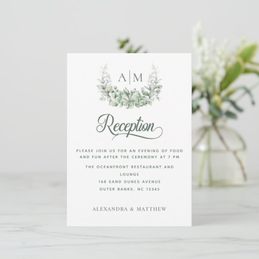 Elegant Monogram Botanical Wedding Reception Informatiekaartje (Staand voorkant)