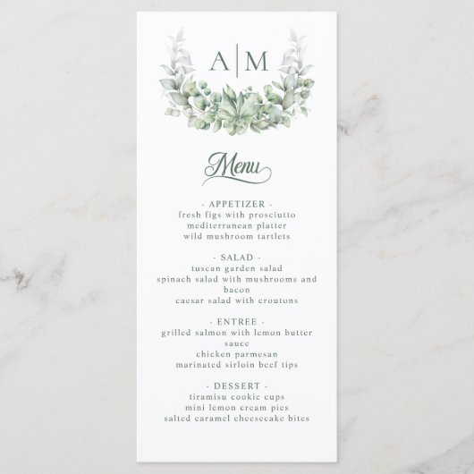 Elegant Monogram Botanisch Wreath Weddenschap Menu (Voorkant)