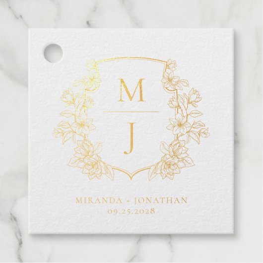 Elegant Monogram Botanische Crest Bruiloft Goud Bedankjes Labels (Voorkant)